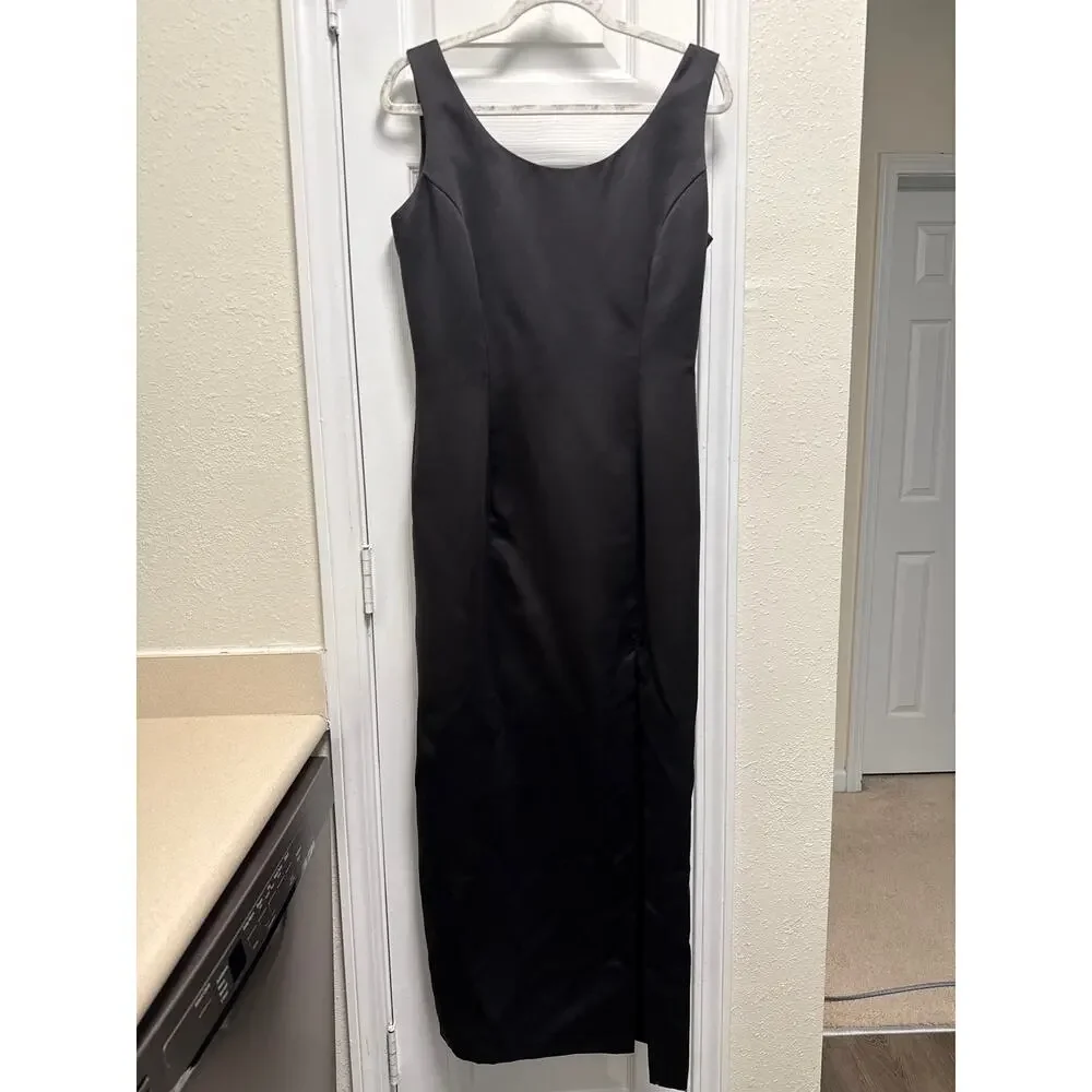 Vintage 80s Gunne Sax Black Maxi Revenge Dress White Bow V-Back Size 10 - Picture 3 of 10